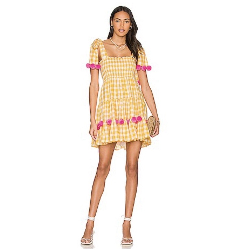 Sundress Pippa Dress Women's‎ M/Large Yellow Gingham Check Pom Pom Boho Revolve
